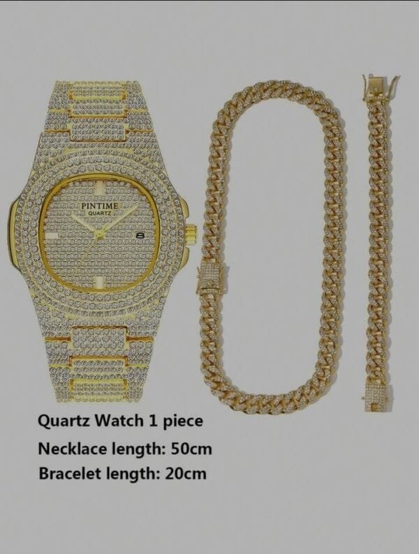 Men Gold Decor Round Dial Quartz Watch & 2pcs Jewelry Set - Image 2
