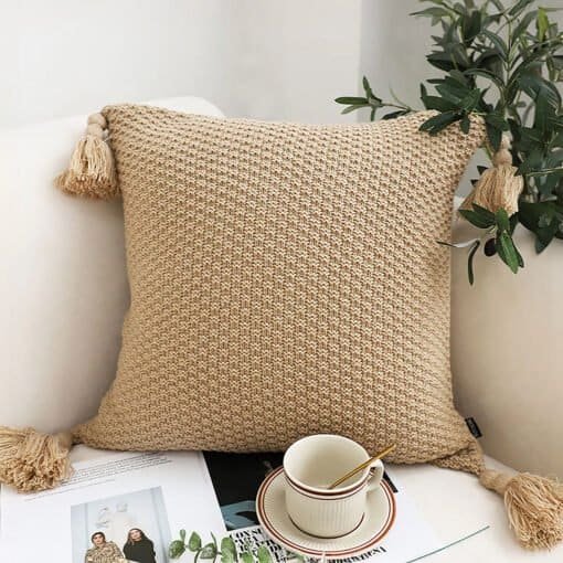SOGA 2X 50CM Light Brown Pillow with Tassel Accents Throw Pillow