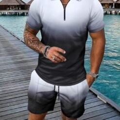 Men's Full Size Gradient Collared Neck Top and Shorts Set
