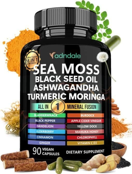 Sea Moss Black Seed Oil Ashwagandha Ginger Capsules.