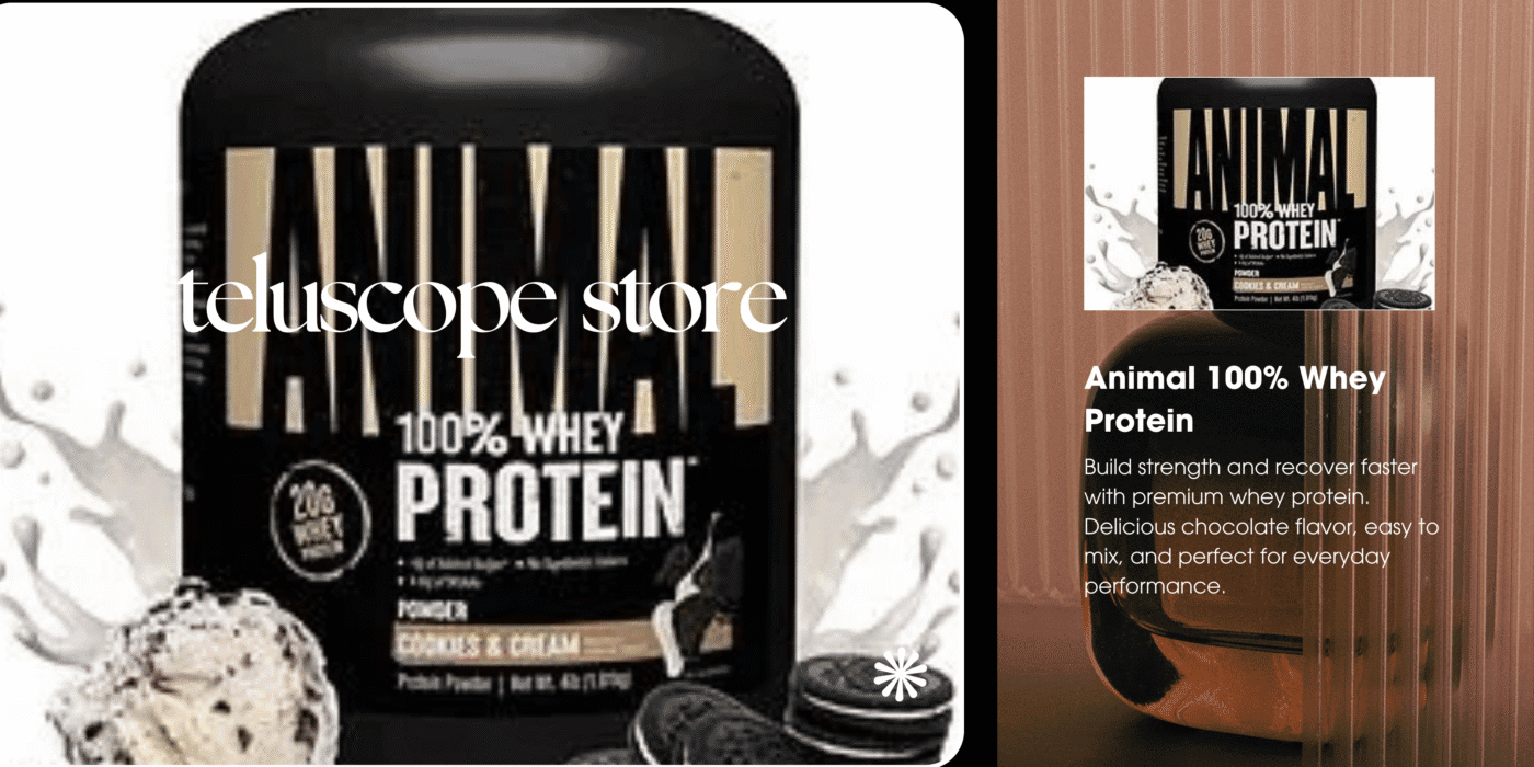 Animal 100% Whey Protein powder in chocolate flavor displayed in a sleek black package, fitness supplement banner design.