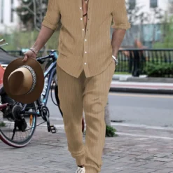 Men's Full Size Striped Button Up Top and Pants Set