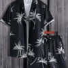 Men's Full Size Palm Print Button Up Shirt and Shorts Set