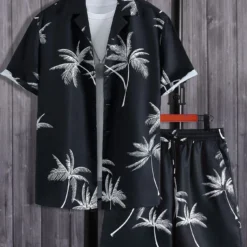 Men's Full Size Palm Print Button Up Shirt and Shorts Set