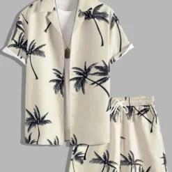 Alternative view of Men's Full Size Palm Print Button Up Shirt and Shorts Set